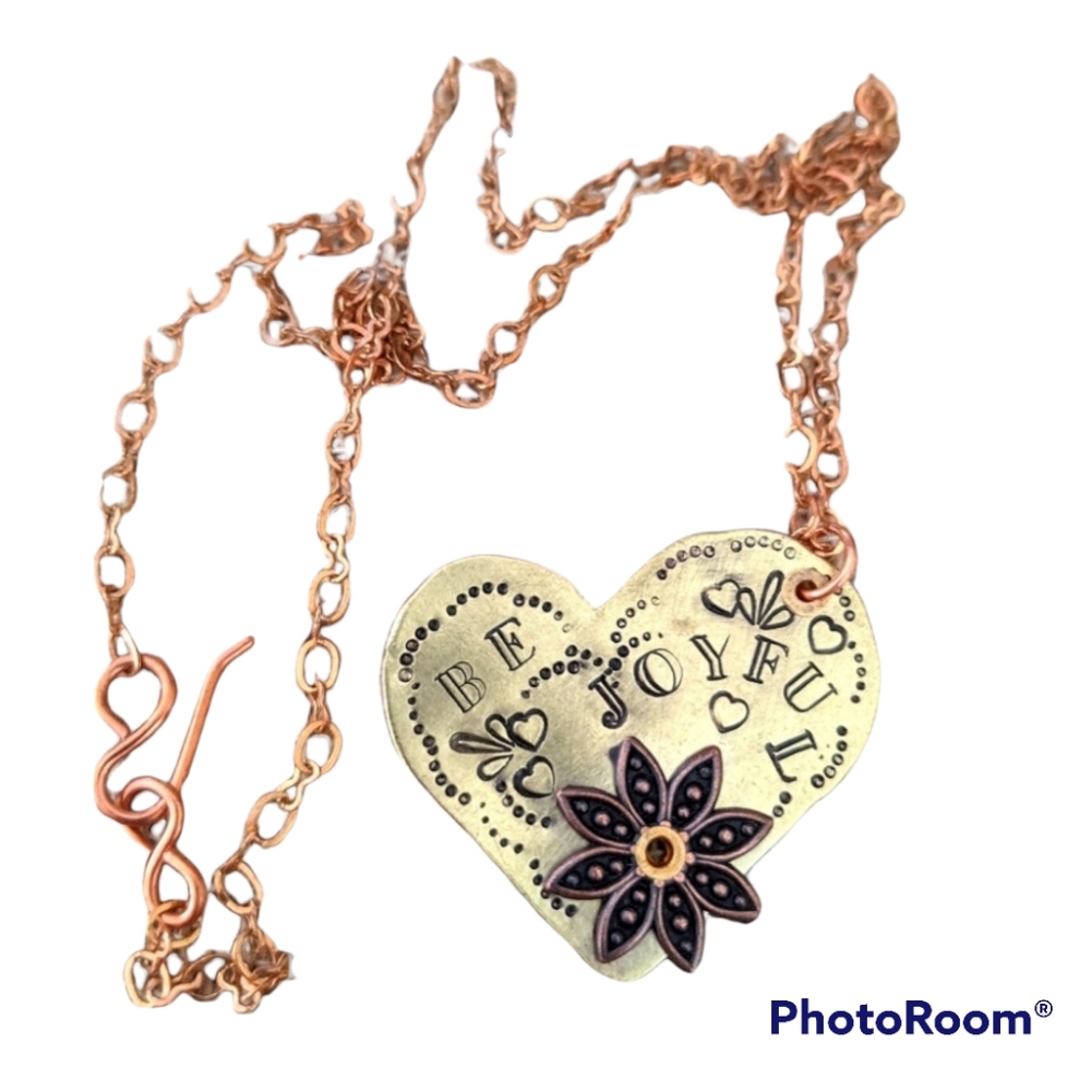 Brass Heart Hand Stamped Joy Pendant - Picture 1 of 8